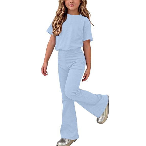 ATOGUTA Girls' Clothes Size 5T-15 Short Sleeve Shirt and Flare Pants Set Perfect for Casual School Outings Holidays Blue
