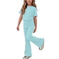 thumbnail image 1 of ATOGUTA Girls' Clothes Size 5T-15 Short Sleeve Shirt and Flare Pants Set Perfect for Casual School Outings Holidays Light Blue, 1 of 7