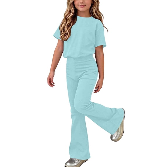 ATOGUTA Girls' Clothes Size 5T-15 Short Sleeve Shirt and Flare Pants Set Perfect for Casual School Outings Holidays Light Blue