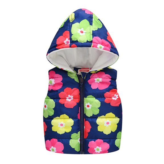 ATOGUTA Girls Coats Floral Printed Vest Warm Waistcoat Toddler Outwear Coat Dark Blue, Size 1T-5T