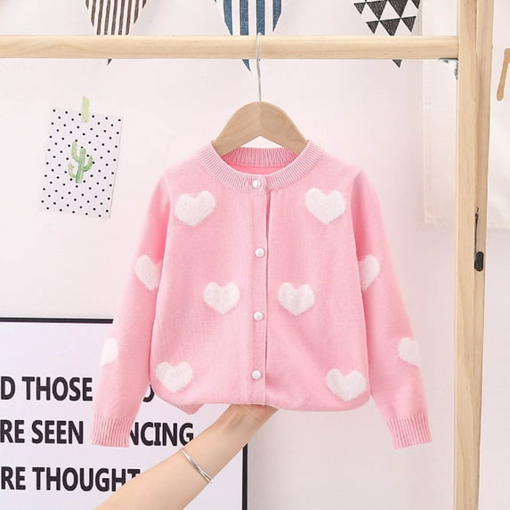 ATOGUTA Girls Crewneck Cardigan Sweater Love Printed School Uniforms Button Long Sleeve Knit Sweaters Tops Pink, Size 3T-9