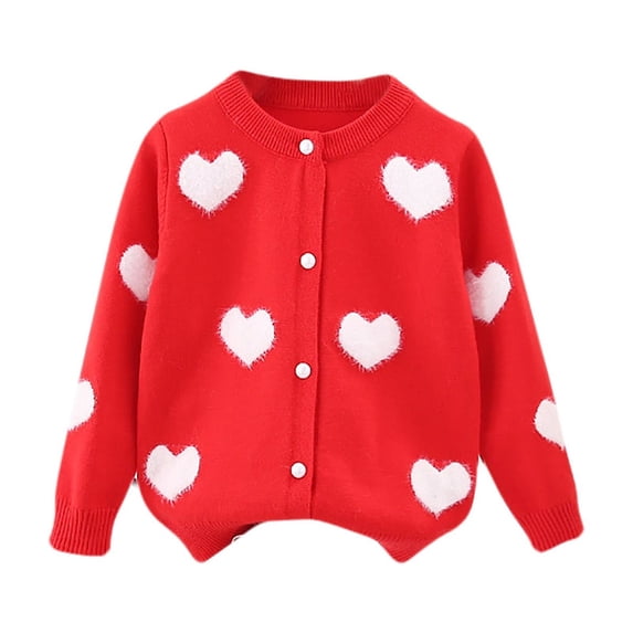ATOGUTA Girls Crewneck Cardigan Sweater Love Printed School Uniforms Button Long Sleeve Knit Sweaters Tops Red, Size 3T-9