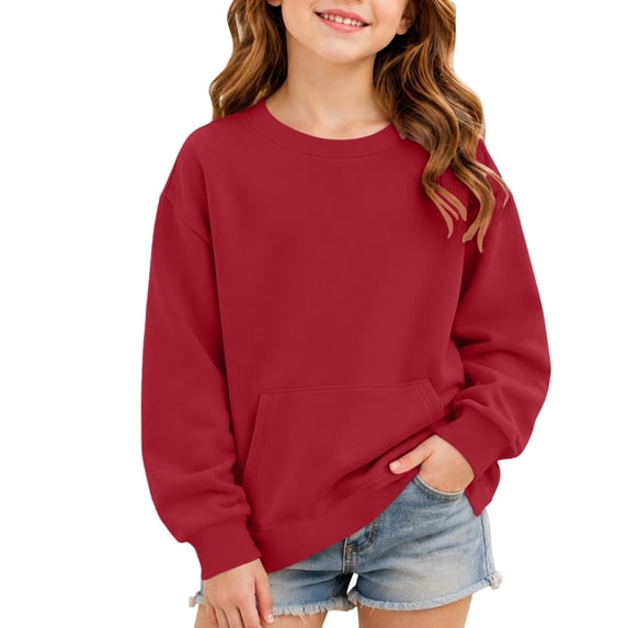 ATOGUTA Girls Crewneck Sweatshirt Red Kids Long Sleeve Sweatshirts Casual Fashion Spring Fall Clothes with Pockets Size 3T-14
