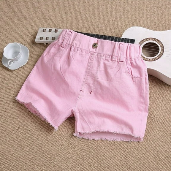 ATOGUTA Girls Denim Shorts Kids Girls Denim Shorts with Pocket High Elastic Waist Ripped Jeans Pink, Size 3T-14