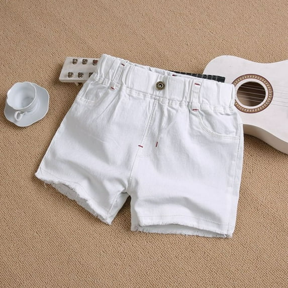 ATOGUTA Girls Denim Shorts Kids Girls Denim Shorts with Pocket High Elastic Waist Ripped Jeans White, Size 3T-14