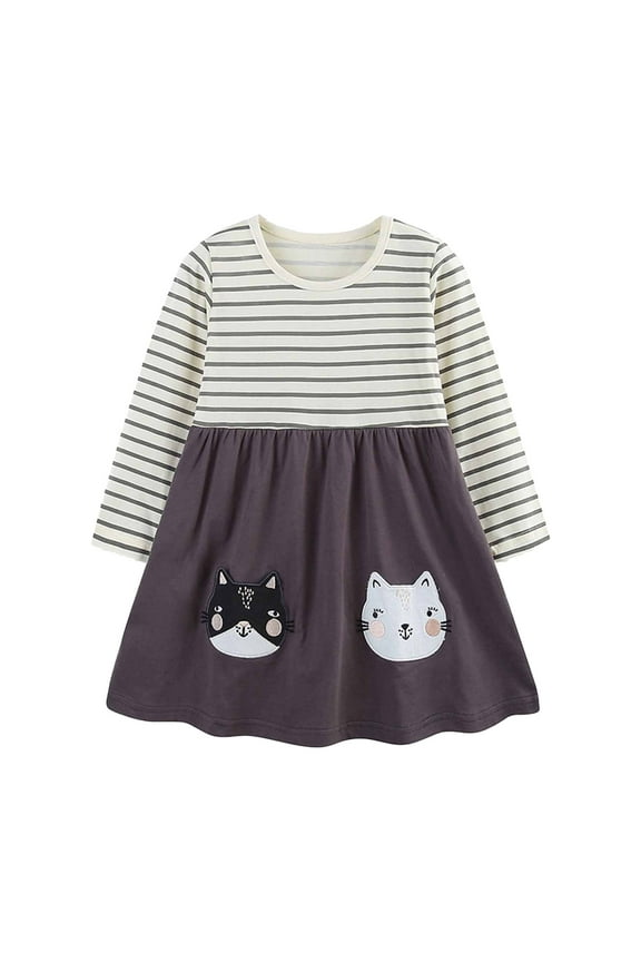 Girls Dress Beige Long Sleeve Dress Cotton Casual Jersey Shirt Playwear Applique Dress Size 2T-7