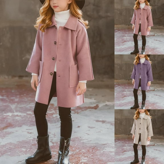 ATOGUTA Girls Dress Coat Button Fleece Jackets Fall Winter Outerwear Peacoat with Pockets Size 4T-14, Pink