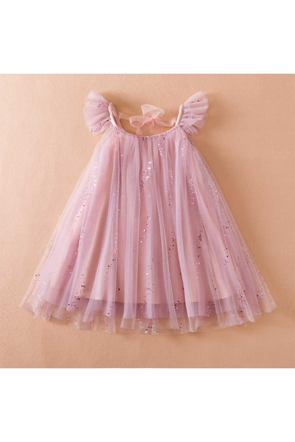 Girls Dress Flutter Sleeve Gauze Sequin Flower Girl Dresses for Wedding Pink, Size 2T-8