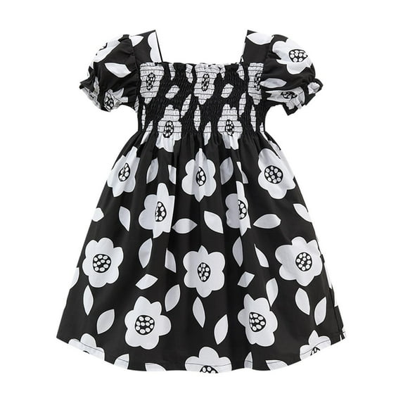 ATOGUTA Girls Dress Puff Sleeve Square Neck Smocked Flowy Tulle Dress for Girls Black, Size 2T-7