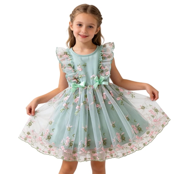 ATOGUTA Girls Dress Ruffle Tulle Tutu Dresses Cute Summer Party Princess Sundress Size 3T-8. Green