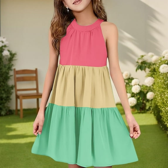 ATOGUTA Girls Dress Shirt Summer Kids Skater Twirl A Line Tank Dress for School Casual Holiday Party Size 4T-14, Green