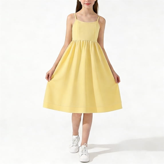 ATOGUTA Girls Dress Shirt Summer Kids Skater Twirl A Line Tank Dress for School Casual Holiday Party Size 8-13, Yellow