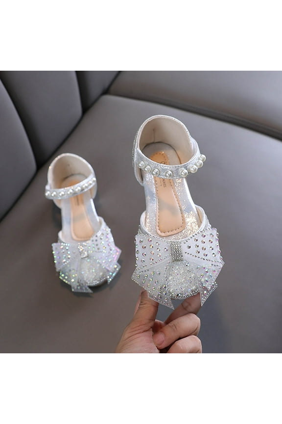 Girls Dress Shoes Silver Rhinestone Princess Ballet Flats Slip-On Dress Shoes for School, Wedding, Party