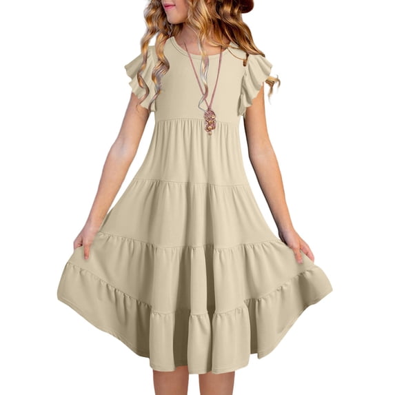 ATOGUTA Girls Dress Short Sleeve Ruffled Pockets Girls Semi formal Dress Khaki, Size 6M-15