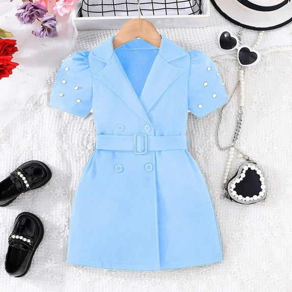 ATOGUTA Girls Dress Toddler Girl Clothes Short Sleeve Dress Summer Outfits for Kids Light Blue, Size 4T-9