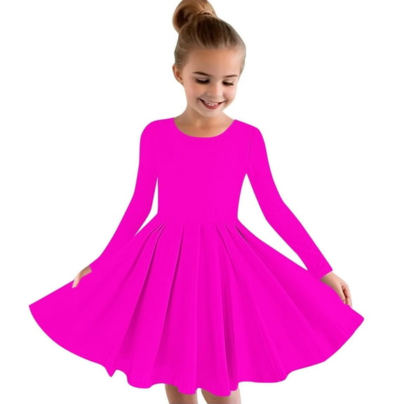 ATOGUTA Girls Dresses Hot Pink Long Sleeve Swing Dress A Line Twirly Skater School Recital Dress Size 4T-14