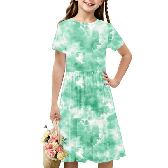 ATOGUTA Girls' Dresses Short Sleeve Casual Kids Tie-Dye Summer Sundress Green, Size 4T-14
