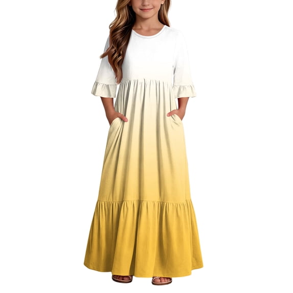 ATOGUTA Girls Dresses Short Sleeve Floral Print Loose Casual Long Maxi Dress with Pockets Size 4T-14, Yellow