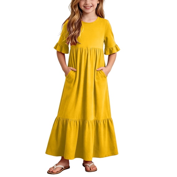 ATOGUTA Girls Dresses Short Sleeve Homecoming Weddings Communion Photoshoots Dances Party Formal Events Photoshoots Yellow, Size 4T-14