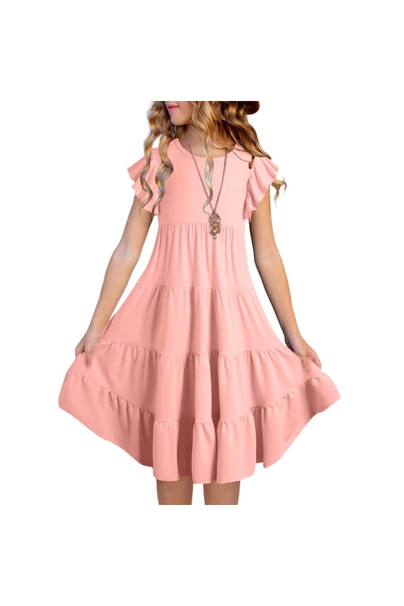 Girls Dresses Short Sleeve Ruffled Pockets Flower Girls Dresses Pink, Size 6M-15