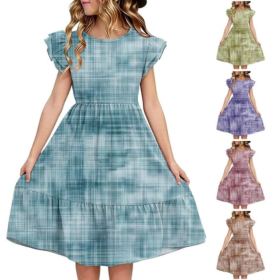 ATOGUTA Girls Dresses Summer Ruffle Sleeve A Line Casual Party Dresses for Kids Size 5T-14, Sky Blue