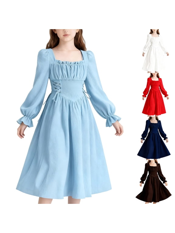 Girls Dresses Teen Kids Long Sleeve Party Birthday Prom Formal Fancy Midi Dress Size 7-15, Blue