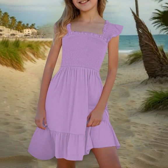 ATOGUTA Girls Dresses for Special Occasions 3T-14 Sleeveless Dresses Casual Flared Dresses Summer Outfits Purple