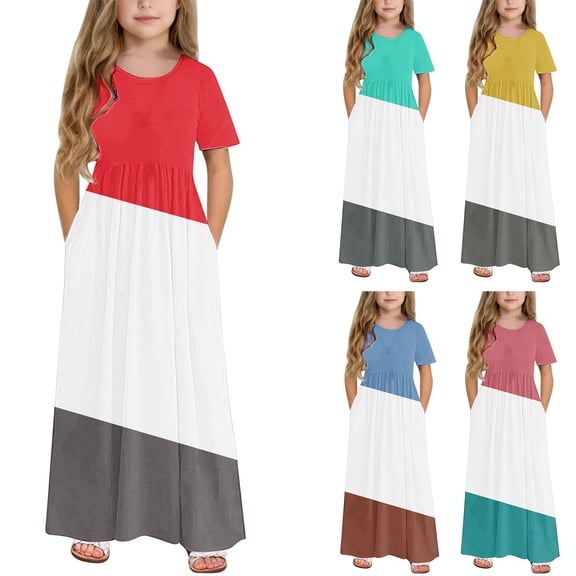 ATOGUTA Girls Dresses with Pockets Short Sleeve Floral Print Loose Casual Long Maxi Dress with Pockets Red, Size 4-14 Years