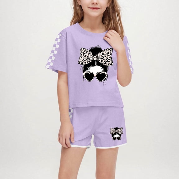 ATOGUTA Girls Dressy Outfits T-Shirt Tops and Short Pants 2PCS Girls Summer Outfits Purple, Size 5-14 Years
