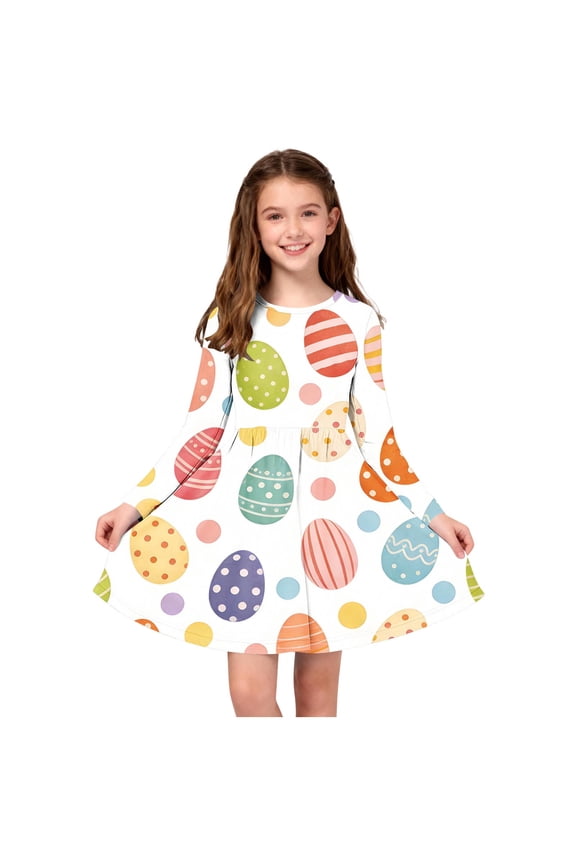 Girls Easter Dress Long Sleeve Dresses Girl Long Midi Springs Dress Kids Smocked Flare Summer Dress Size 4T-14. White