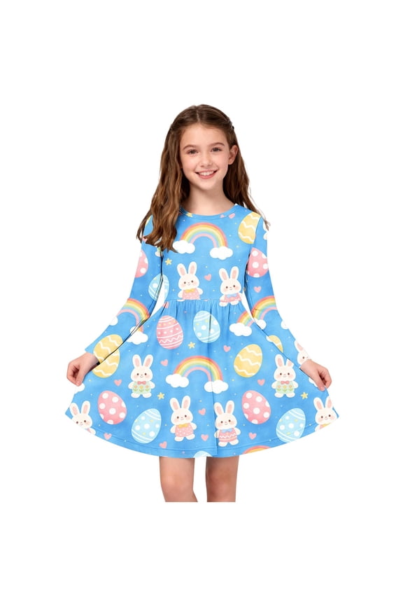 Girls Easter Dress Long Sleeve Easter Dresses Girl Long Midi Springs Dress Kids Smocked Flare Summer Dress Size 4T-14. Blue