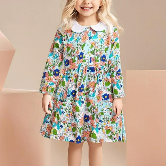 ATOGUTA Girls Fall Dress Floral Long Sleeve Midi Princess Dresses for Holiday Party Size 2T-8, Green
