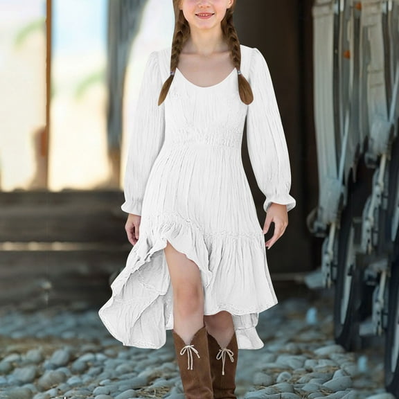 ATOGUTA Girls Fall Dress Long Sleeve Crew Neck Casual Holiday High Low Hem Dresses Size 5T-14, White