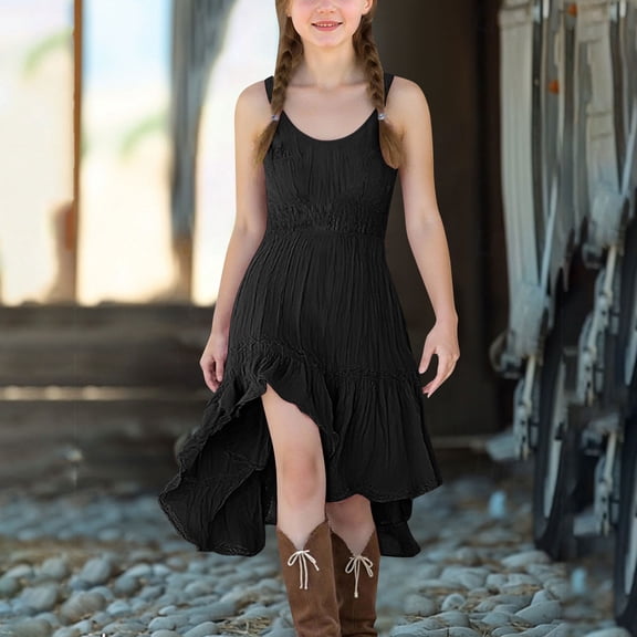 ATOGUTA Girls Fall Dress Sleeveless Crew Neck Casual Holiday High Low Hem Dresses Size 5T-14, Black
