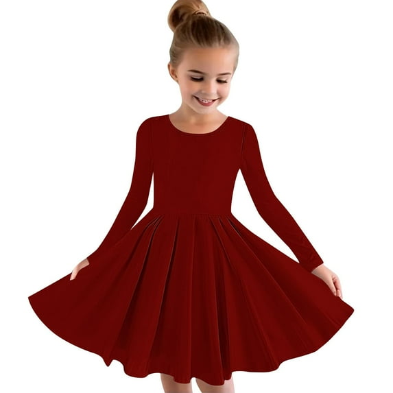 ATOGUTA Girls Fall Dresses Wine Long Sleeve Swing Dress A Line Twirly Skater School Recital Dress Size 4T-14