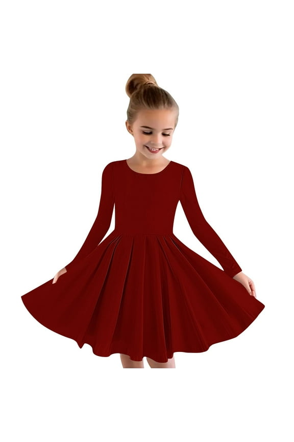 Girls Fall Dresses Wine Long Sleeve Swing Dress A Line Twirly Skater School Recital Dress Size 4T-14