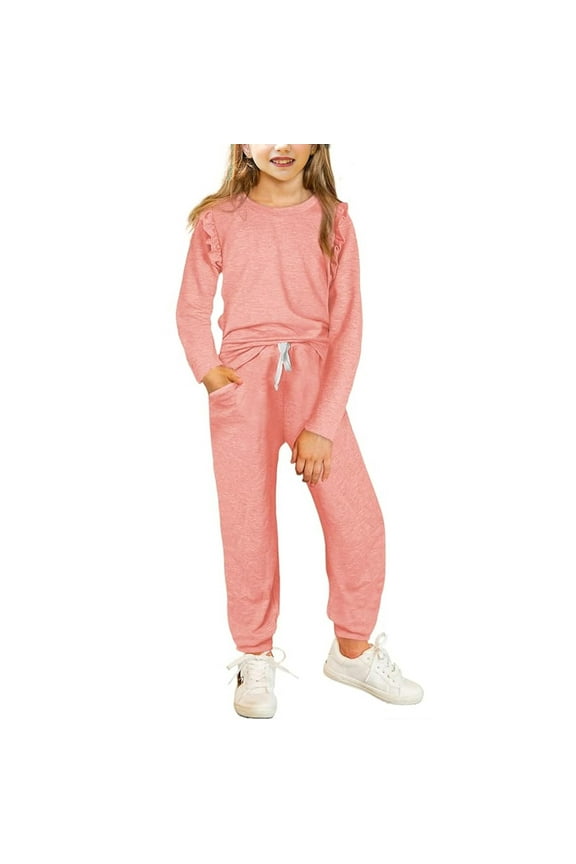 Girls Fall Outfits Ruffle Sleeve Sweatshirts Top and Sweatpants Set School Outfits Kids Clothing Set Pink, Size 4T-13