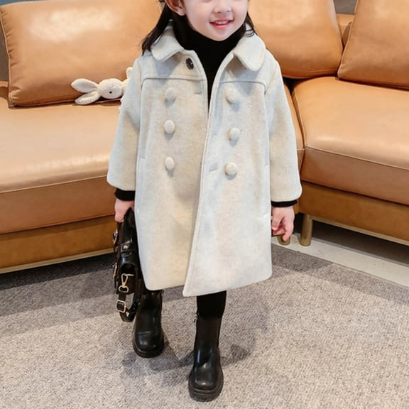 ATOGUTA Girls Fall Winter Trench Coat Long Sleeve Button Trench Pocket Long Winter Peacoat Outerwear Beige, Size 2T-7
