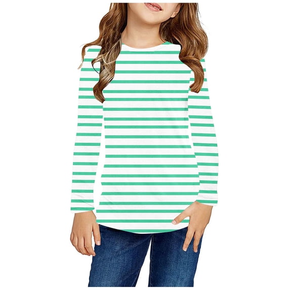 ATOGUTA Girls' Fashion Hoodies & Sweatshirts Green Long Sleeve Shirts Soft Crewneck Long-Sleeve T-Shirts Striped Tees Size 3T-14