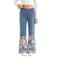 thumbnail image 1 of ATOGUTA Girls Flare Pants Kids Flower Lace Print School Uniform Bell Bottoms Stretch High Waist Pants for Teen Blue, 1 of 9