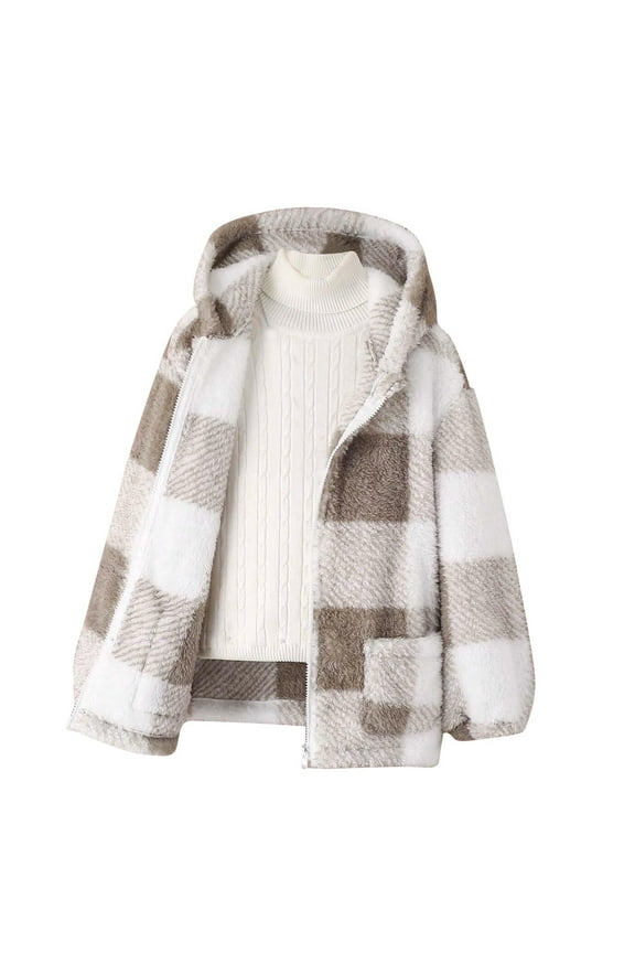 Girls Fleece Jacket Winter Full Zip Warm Long Sleeve Plaid Fleece Hoodie Jacket with Pocket Size 8-14