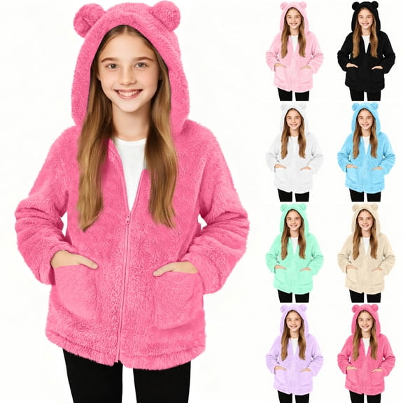 ATOGUTA Girls Fleece Jackets Zip-Up Hoodie Sweatshirt Fall Winter Lightweight Jacket Outerwear Size 4T-15, Hot Pink