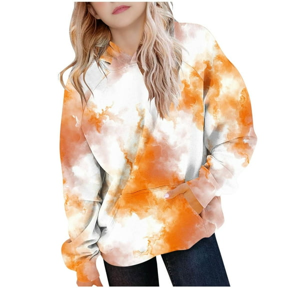 ATOGUTA Girls Fleece Lined Hoodie Size 5T-15 Thick Graphic Tie Dye Sweatshirt with Pocket Cute Pullovers Tops Orange