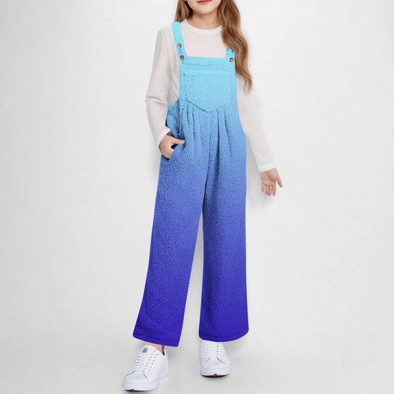 ATOGUTA Girls Fleece Overalls Kids Casual Sleeveless Jumpsuits Fuzzy Pants Rompers with Pockets Size 5T-14, Blue