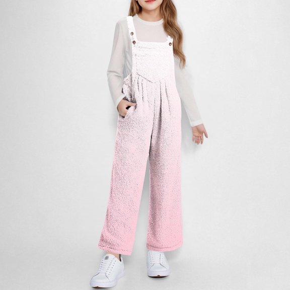 ATOGUTA Girls Fleece Overalls Kids Casual Sleeveless Jumpsuits Fuzzy Pants Rompers with Pockets Size 5T-14, Pink
