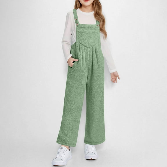 ATOGUTA Girls Fleece Overalls Kids Fuzzy Jumpsuit Warm Winter Loose Romper with Pockets Size 5T-14, Green