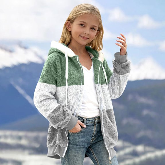 ATOGUTA Girls Fleece Warm Coat Kids Full Zip Lightweight Fall Winter Coat Outerwear with Pockets Size 5T-13 Green