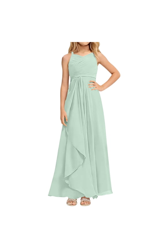 Girls Floral Dress Flowy Long Tween Formal Dress for Wedding Birthday Party Dance Gown Size 1T-15, Green