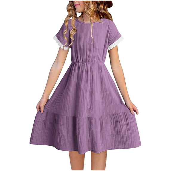 ATOGUTA Girls Graduation Dress Crew Neck A-line Loose Flowy Tiered Holiday Casual Dresses Purple, Size 4T-14