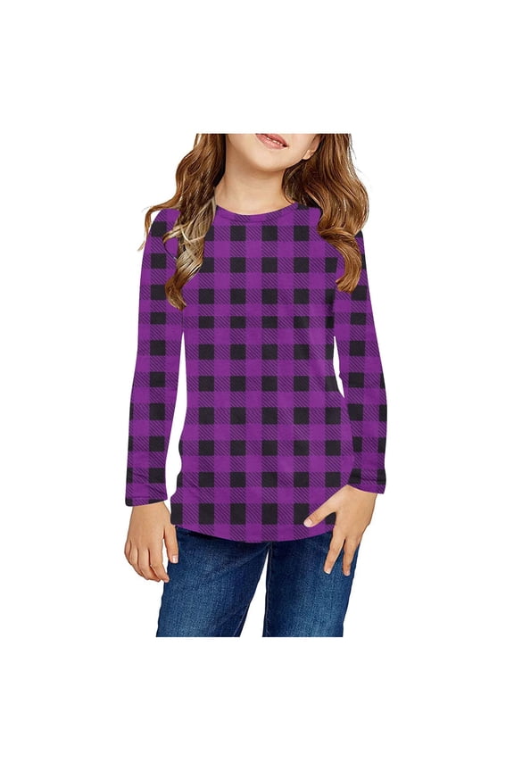 Girls Graphic T Shirts Purple Long Sleeve T Shirts Plaid Crewneck Casual Cute Tops Blouse Size 3T-14